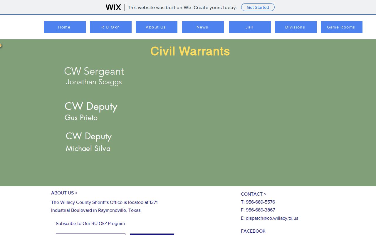 Willacy County outstanding warrant routing: Sheriff's Civil Warrants unit page