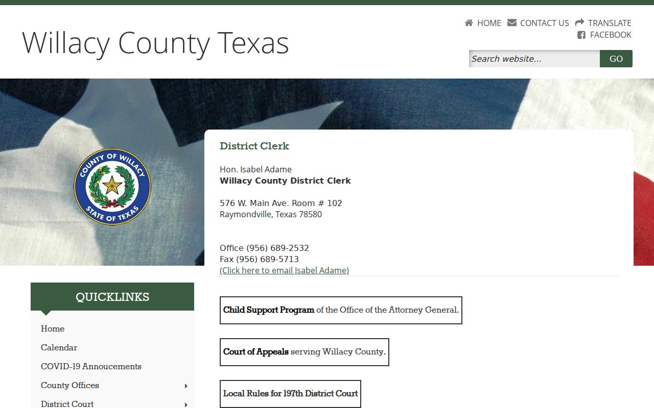 Willacy County warrant lookup: District Clerk records contact page
