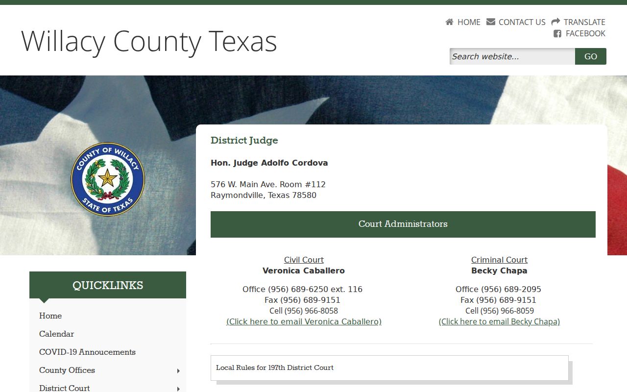 Willacy County bench warrant court routing: 197th District Court page